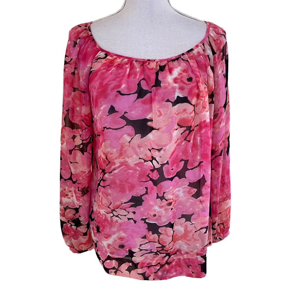 CAbi Pink Floral Chiffon Long Sleeve Floral Blouse #590 Vintage XS